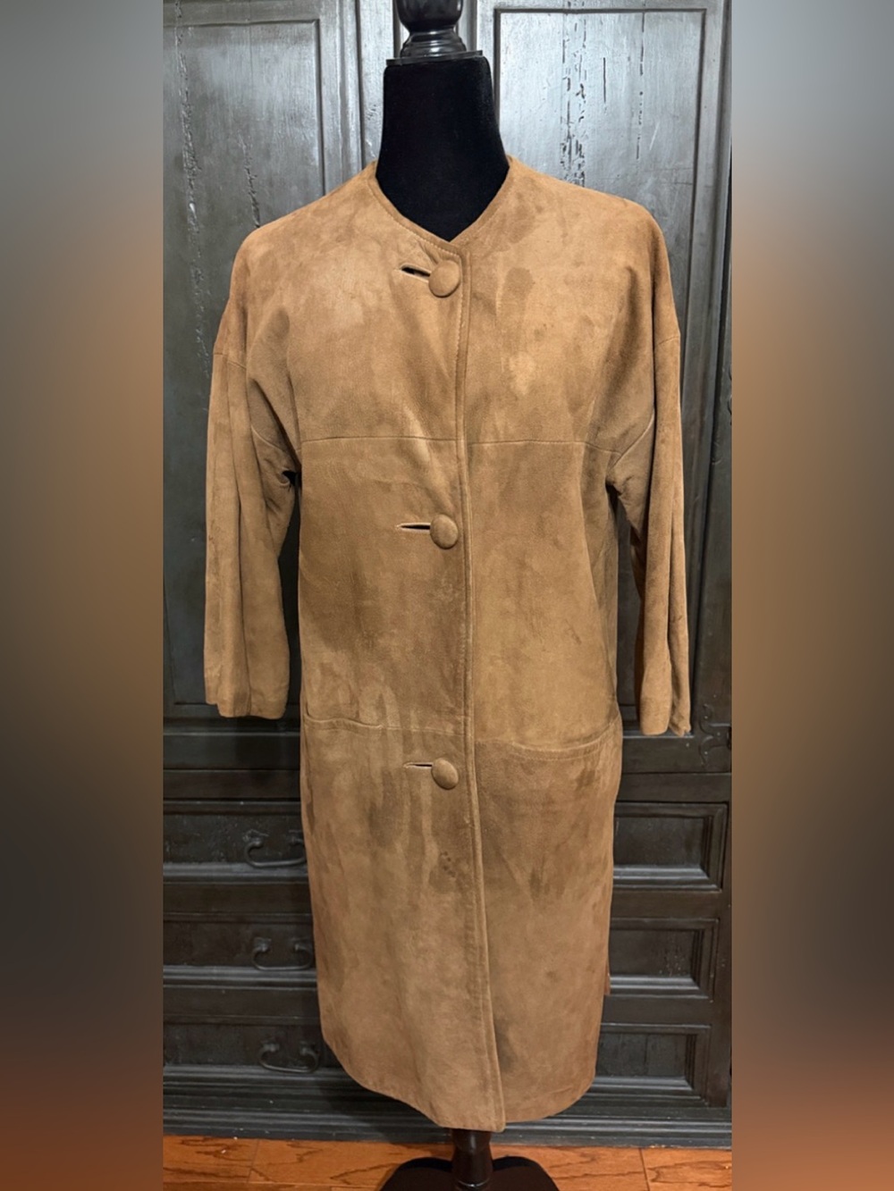 No label genuine Brown Suede long button down jacket- size Medium ***needs TLC